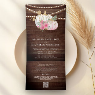 Invitación Tríptica Calabaza Floral Rosa Código QR Otoño Bodas Madera