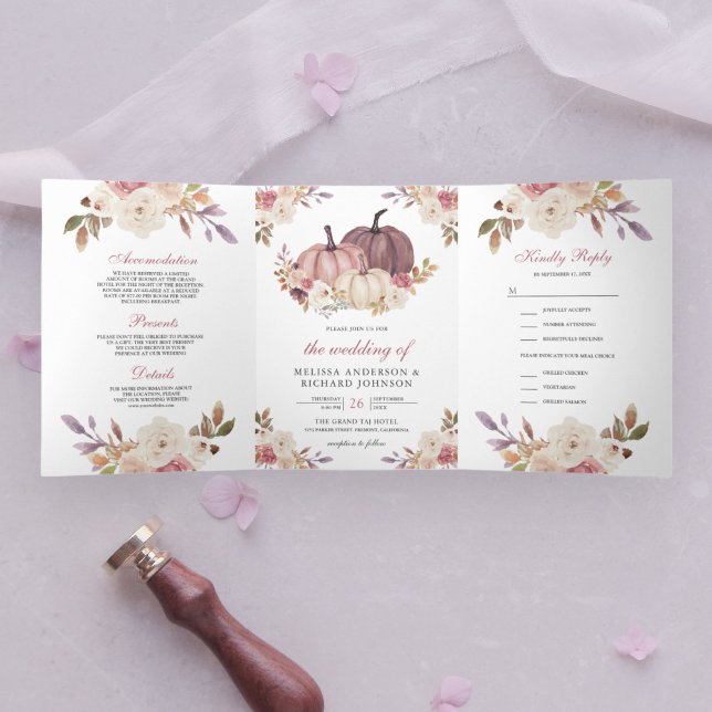 Invitación Tríptica Calabaza rosa Rosa y Boda con flores de marfil (Subido por el creador)