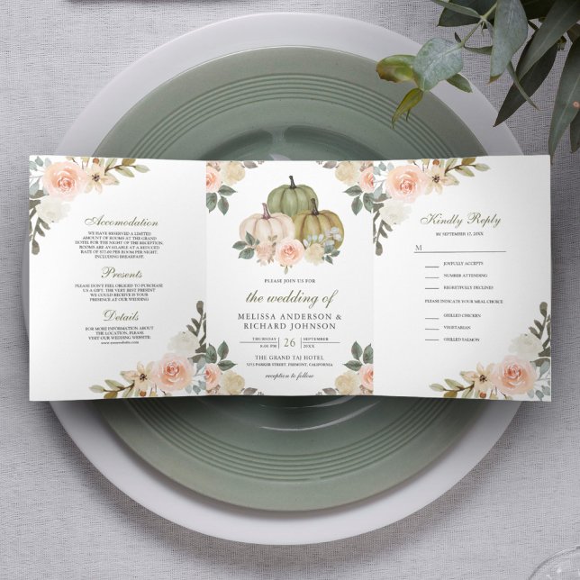 Invitación Tríptica Calabaza verde sabia y Boda floral de encurtido (Subido por el creador)