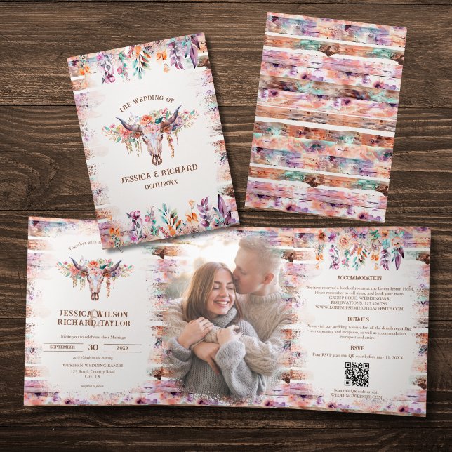 Invitación Tríptica Calavera de vaca floral de Boho occidental rústico (Subido por el creador)
