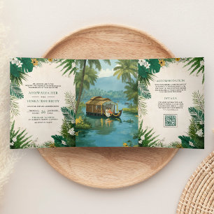 Invitación Tríptica Casa flotante en los remansos de Kerala para boda 