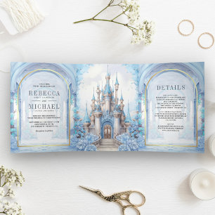 Invitación Tríptica Castillo de cuento de hadas azul todo en un Boda