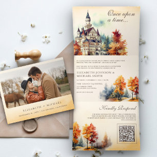 Invitación Tríptica Castillo de Cuento de Hadas Rústico Código QR Libr
