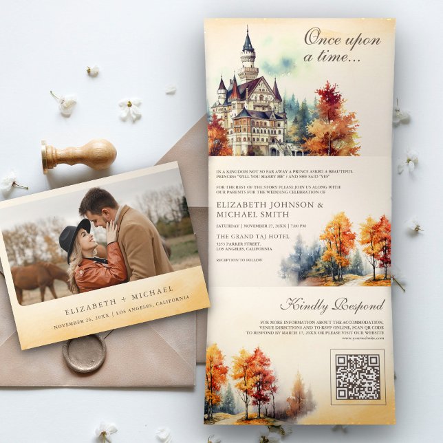Invitación Tríptica Castillo de Cuento de Hadas Rústico Código QR Libr (Subido por el creador)