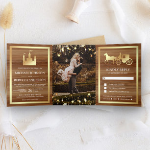 Invitación Tríptica Castillo de Hadas de Oro Carruaje de Princesa Boda