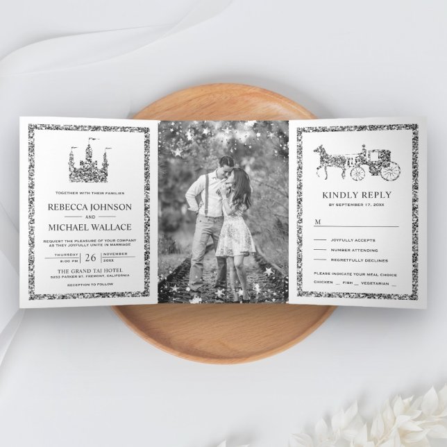 Invitación Tríptica Castillo de Hadas de Plata Carruaje de Princesa Bo (Subido por el creador)