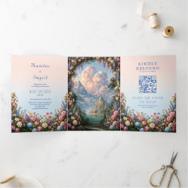 Invitación Tríptica Castillo de Montaña de Cuento de Hadas con Wisteri
