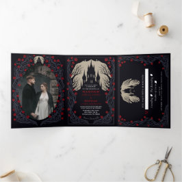 Invitación Tríptica Castillo gótico Boda Floral Halloween