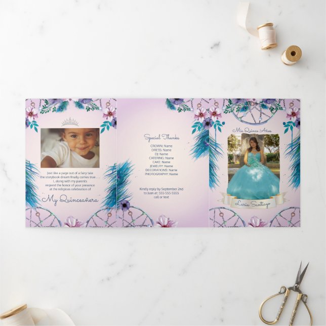 Invitación Tríptica Catcher de Turqouise y Dream Rosa españoles fotogr (Exterior)