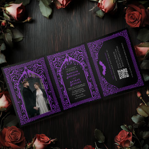 Invitación Tríptica Catedral de Vampiro Gótico Morado Boda Código QR