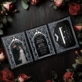 Invitación Tríptica Catedral de Vampiro Plateado Boda Gótica