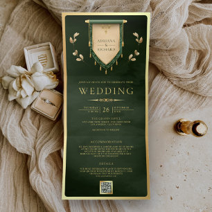 Invitación Tríptica Cazador Antiguo Verde Dorado Rollo Medieval Boda