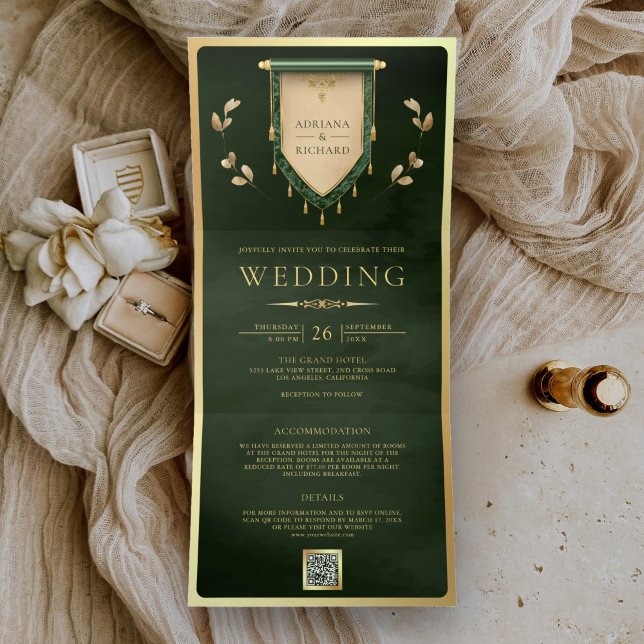 Invitación Tríptica Cazador Antiguo Verde Dorado Rollo Medieval Boda (Subido por el creador)