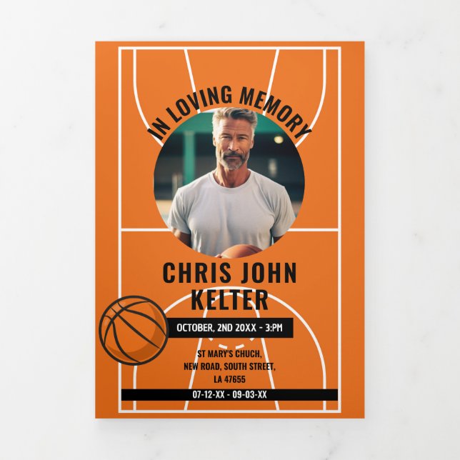 Invitación Tríptica Celebración obituaria del baloncesto con foto de v (Foto de portada)