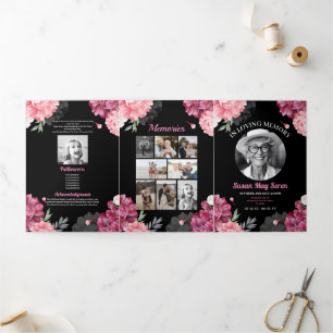 Invitación Tríptica Celebración obituaria Vida Foto Floral rosa