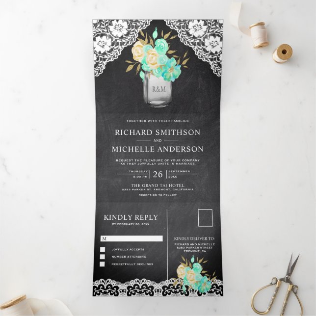 Invitación Tríptica Chalkboard Mint Floral Mason Jar Lace Boda (Interior)