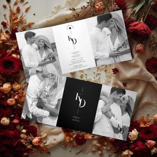 Invitación Tríptica Charming Elegant Minimalist Black & White Wedding (Charming Elegant Minimalist Black & White Wedding Initials 4 Photos Invitations Tri-Fold Cards. )