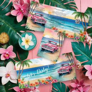 Invitación Tríptica Cherish Cute Pink Van Floral Beach Bachelorette