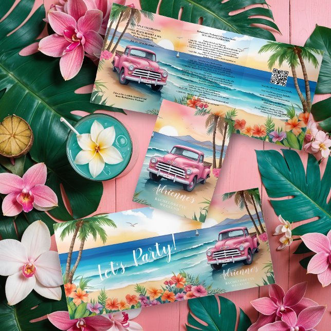 Invitación Tríptica Cherish Cute Pink Van Floral Beach Bachelorette (Cherish Cute Pink Van Floral Beach Bachelorette Weekend Tri-Fold Invitations Cards and Plans.)