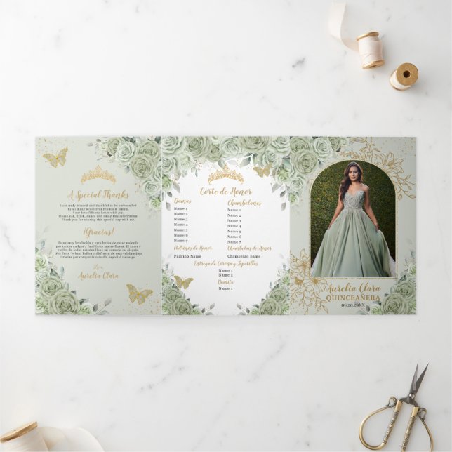 Invitación Tríptica Chic Verde Menta Floral Mariposas Quinceañera (Exterior)