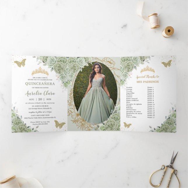 Invitación Tríptica Chic Verde Menta Floral Mariposas Quinceañera (Interior)