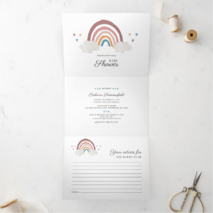 Invitación Tríptica Chico Arcoíris Moderno Baño de Bebé con Letra Boho