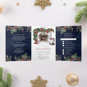 Invitación Tríptica Chimenea de Navidad de Boda de Navío de Poinsettia
