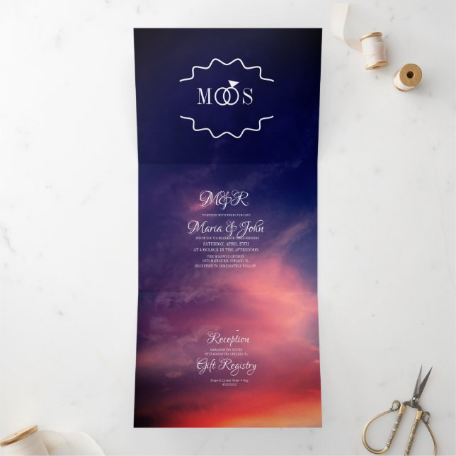 Invitación Tríptica Cielo Moderno Precioso de Atardecer Rosa con Nubes (Interior)