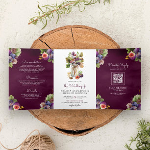 Invitación Tríptica Ciruela Rusa Purple Fig todo en un Boda de código 
