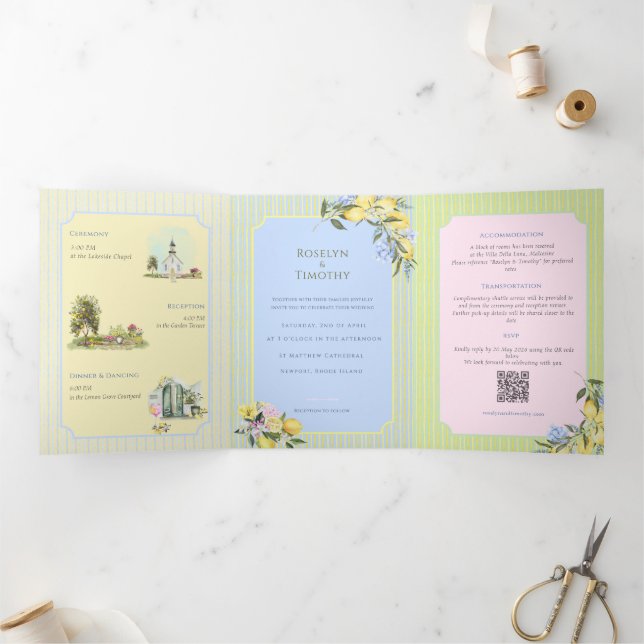Invitación Tríptica Citrus Blue Watercolor Illustration Wedding (Interior)