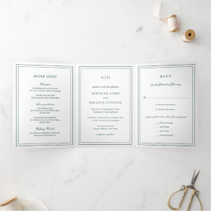 Invitación Tríptica Clásica Boda Elegante Esmeralda Verde
