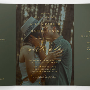 Invitación Tríptica Clásica foto de boda RSVP QR verde y dorado