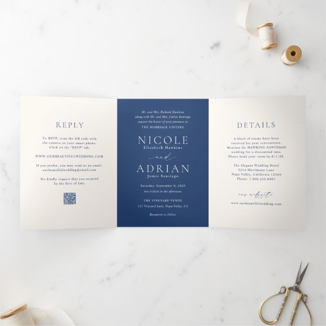 Invitación Tríptica Clásica Marina Azul Código QR Boda Elegante (Interior)
