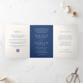Invitación Tríptica Clásico código QR azul marino boda elegante