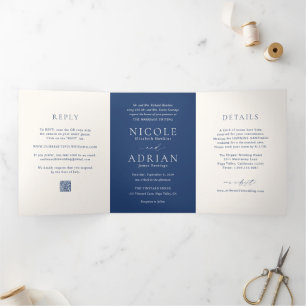 Invitación Tríptica Clásico código QR azul marino boda elegante