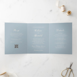 Invitación Tríptica Clásico código QR azul silenciado Elegante Boda