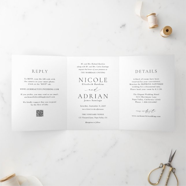 Invitación Tríptica Clásico código QR blanco y negro matrimonio elegan (Interior)
