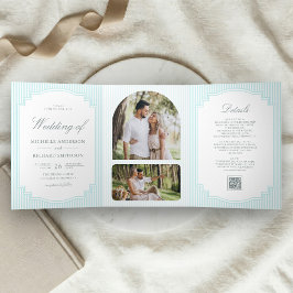 Invitación Tríptica Clásico Código QR de Foto de Bodas a Rayas Azules 