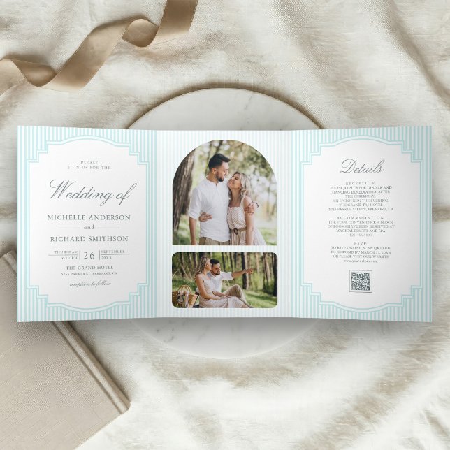 Invitación Tríptica Clásico Código QR de Foto de Bodas a Rayas Azules  (Subido por el creador)