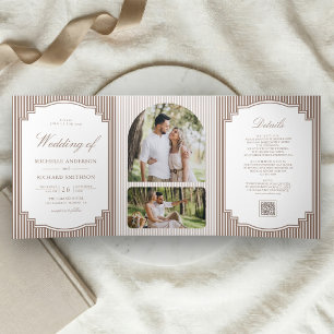 Invitación Tríptica Clásico código QR de foto marrón rayado boda