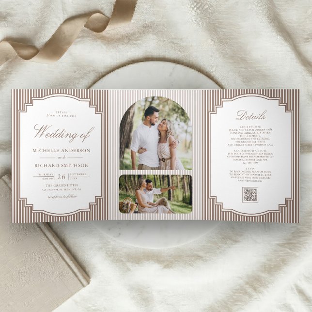 Invitación Tríptica Clásico código QR de foto marrón rayado boda (Subido por el creador)