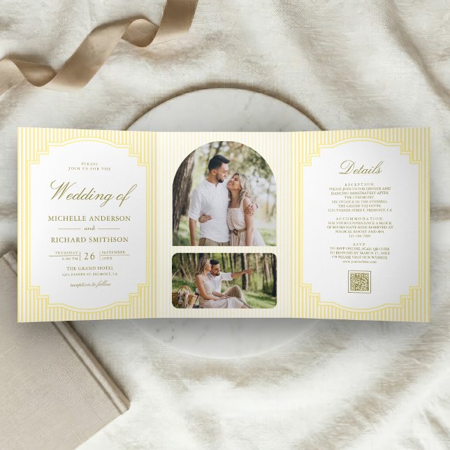 Invitación Tríptica Clásico Código QR de Foto Rayada Amarilla Boda (Subido por el creador)
