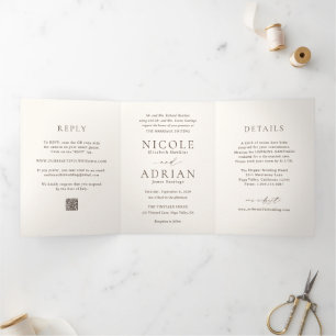 Invitación Tríptica Clásico Código QR de Marfil Boda Elegante