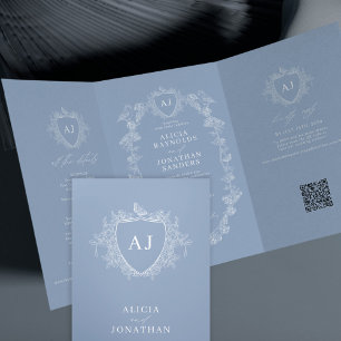 Invitación Tríptica Clásico código QR floral francés azul polvoriento 