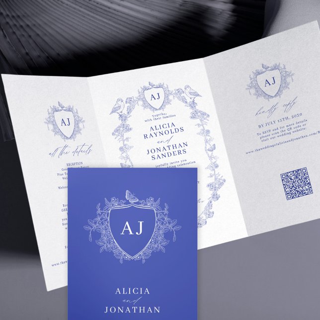 Invitación Tríptica Clásico código QR floral francés azul real boda (Subido por el creador)