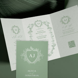 Invitación Tríptica Clásico código QR floral francés verde salvia boda