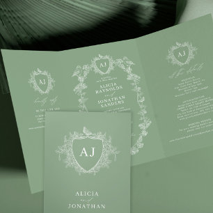 Invitación Tríptica Clásico código QR floral francés verde salvia boda