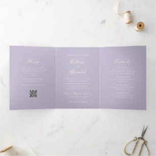 Invitación Tríptica Clásico código QR Lilac Boda elegante