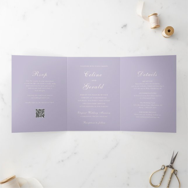 Invitación Tríptica Clásico código QR Lilac Boda elegante (Interior)