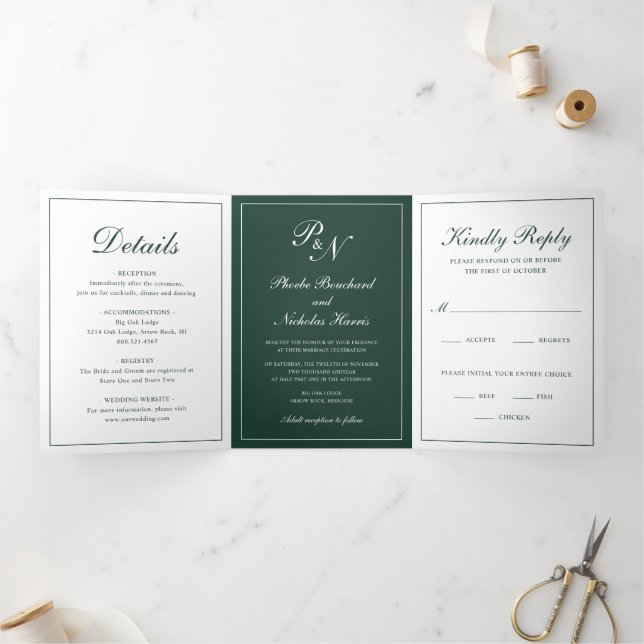 Invitación Tríptica Clásico Elegante Verde Bosque Boda (Interior)